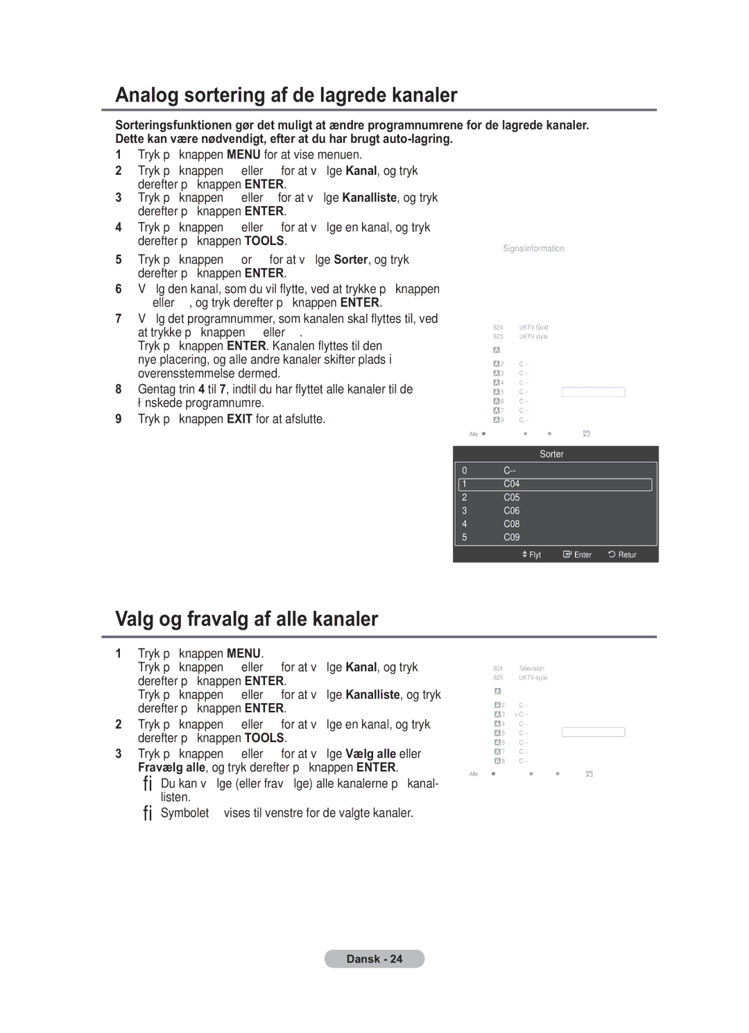 Samsung BN68-01783B-00 user manual Analog sortering af de lagrede kanaler, Valg og fravalg af alle kanaler 