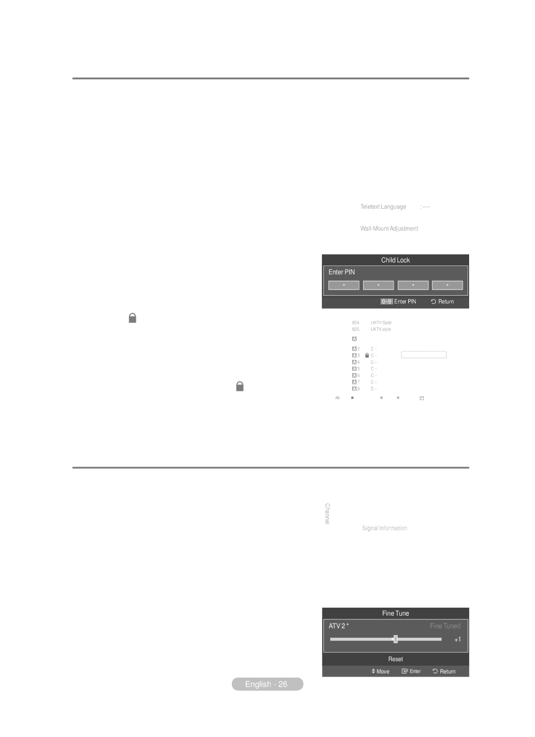 Samsung BN68-01783B-00 user manual Locking Channels, Fine Tuning Analogue Channels, Unlocking channels 