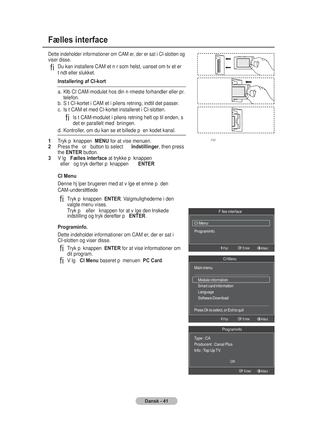 Samsung BN68-01783B-00 user manual Fælles interface, Installering af CI-kort, Programinfo 