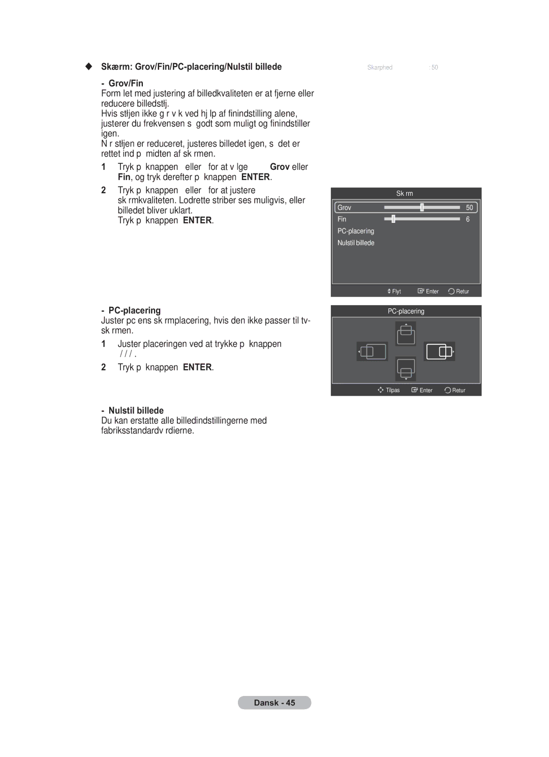 Samsung BN68-01783B-00 user manual Skærm Grov/Fin/PC-placering/Nulstil billede 