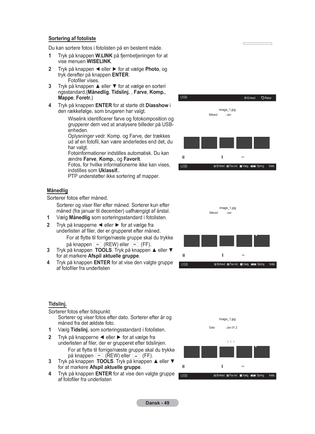 Samsung BN68-01783B-00 user manual Sortering af fotoliste, Ændre Farve , Komp. , og Favorit, Tidslinj 