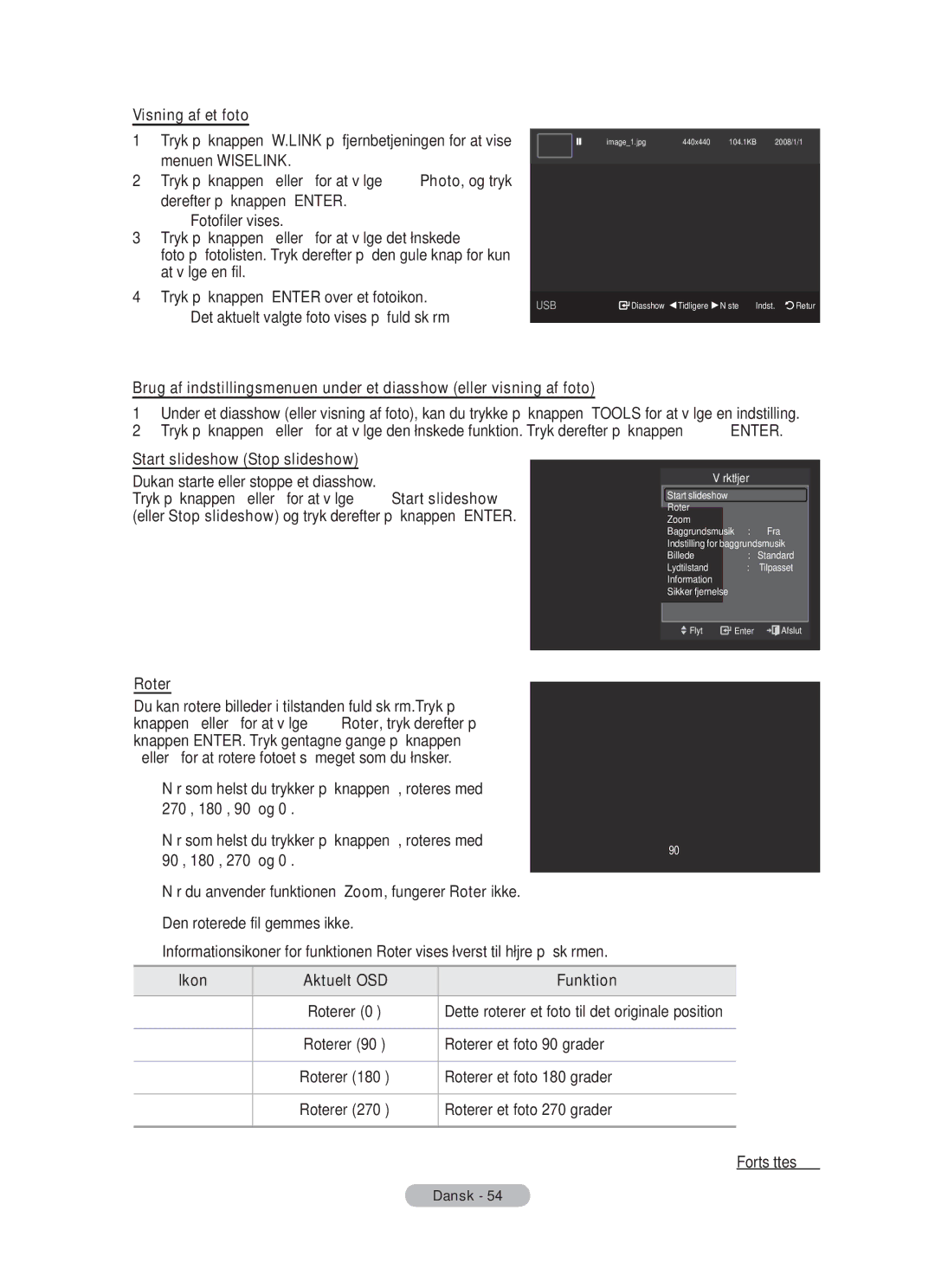 Samsung BN68-01783B-00 user manual Visning af et foto, Start slideshow Stop slideshow, Ikon Aktuelt OSD Funktion 