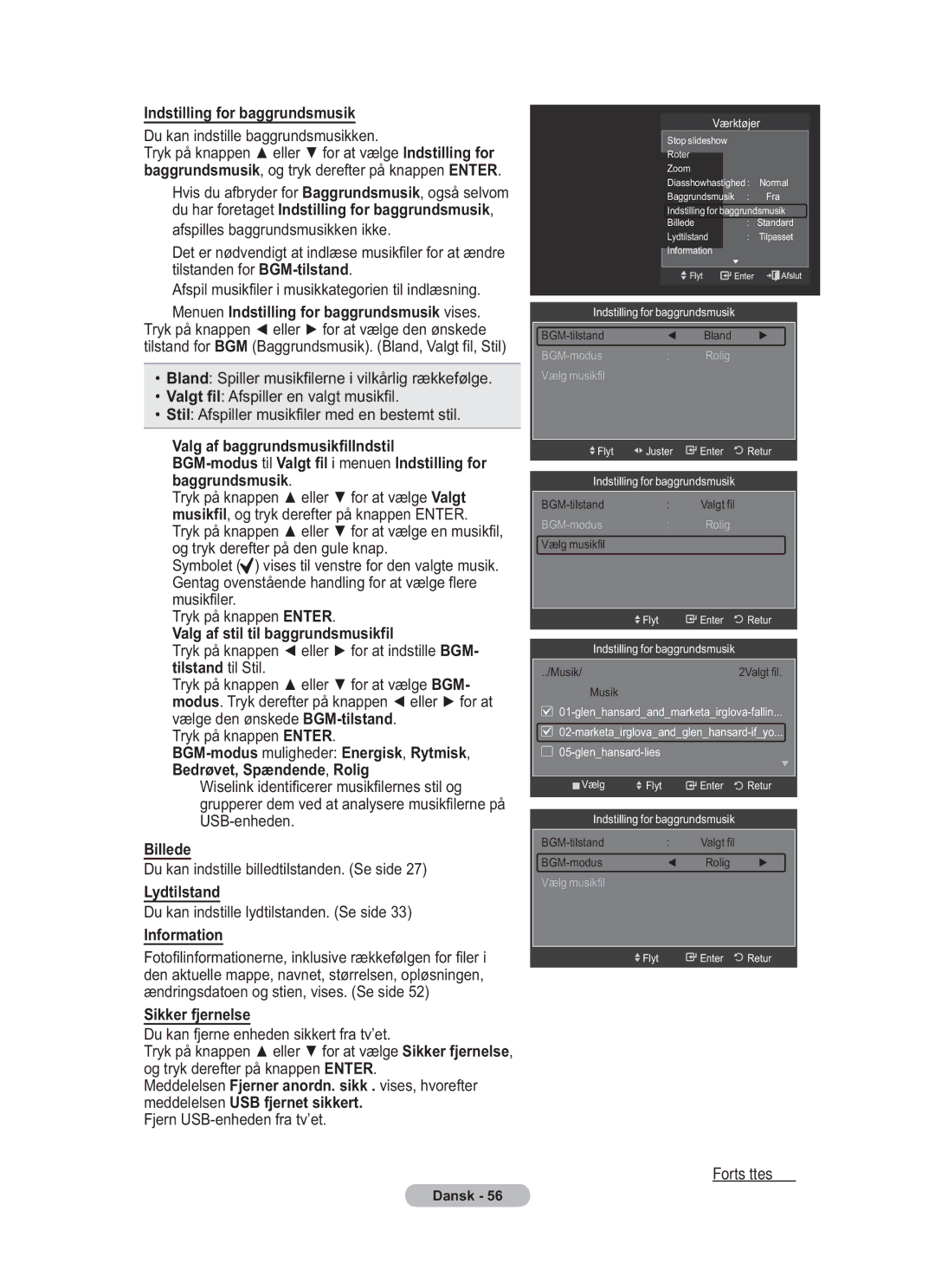 Samsung BN68-01783B-00 user manual Indstilling for baggrundsmusik, Valg af stil til baggrundsmusikfil, Billede, Lydtilstand 