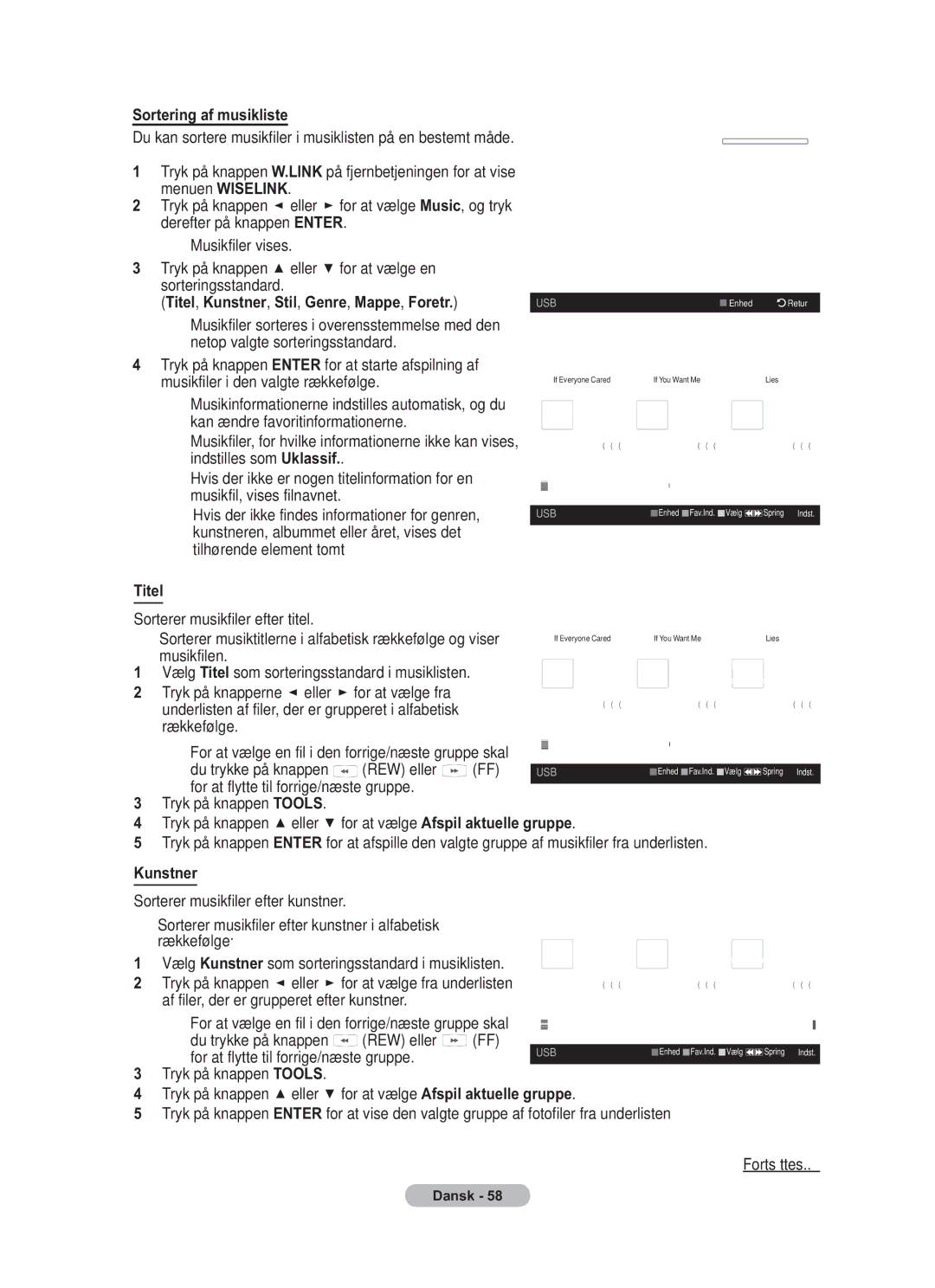 Samsung BN68-01783B-00 user manual Sortering af musikliste, Titel, Kunstner, Stil, Genre, Mappe, Foretr 