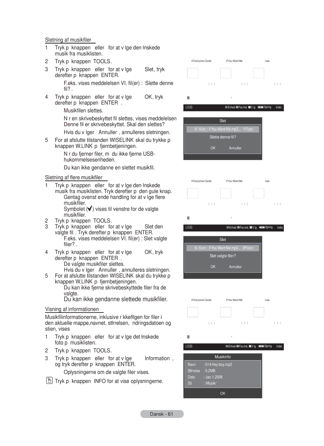 Samsung BN68-01783B-00 user manual Sletning af musikfiler, Sletning af flere musikfiler, Visning af informationen 