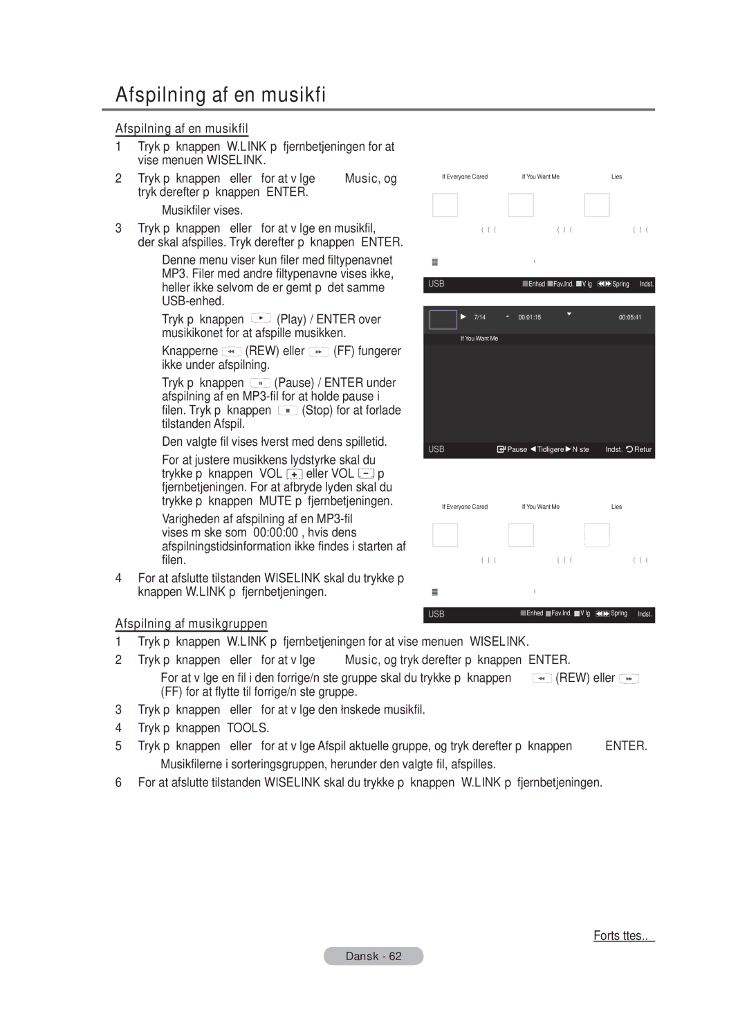 Samsung BN68-01783B-00 user manual Afspilning af en musikfil, Afspilning af musikgruppen 