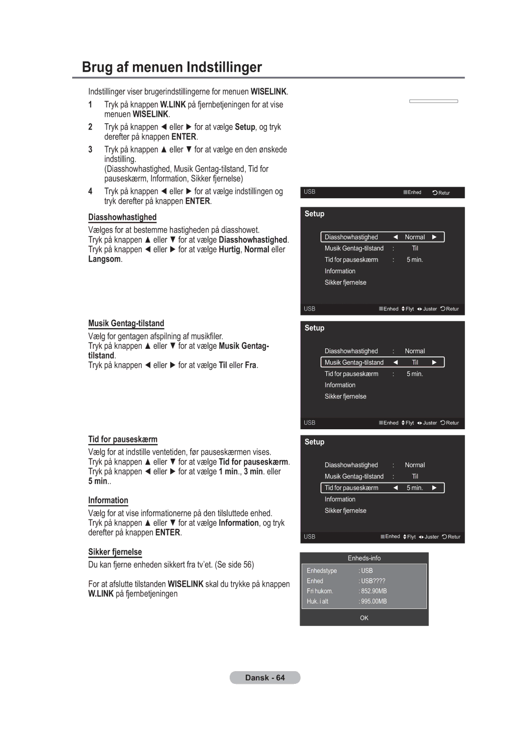 Samsung BN68-01783B-00 user manual Brug af menuen Indstillinger, Musik Gentag-tilstand, Tid for pauseskærm 