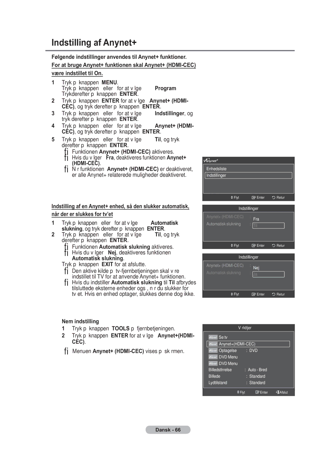 Samsung BN68-01783B-00 user manual Indstilling af Anynet+, Menuen Anynet+ HDMI-CECvises på skærmen 