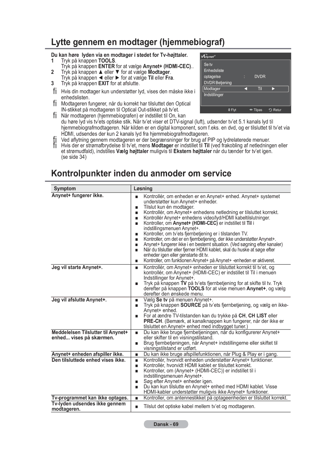 Samsung BN68-01783B-00 user manual Lytte gennem en modtager hjemmebiograf, Kontrolpunkter inden du anmoder om service 