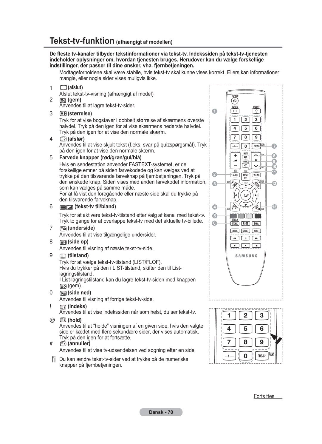 Samsung BN68-01783B-00 Tekst-tv-funktionafhængigt af modellen, Afslut, Gem, Afslør, Farvede knapper rød/grøn/gul/blå 