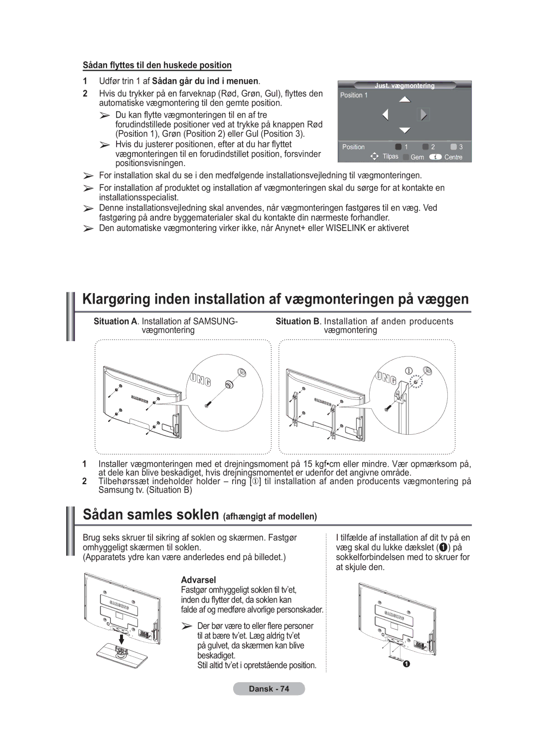 Samsung BN68-01783B-00 user manual Sådan samles soklen afhængigt af modellen 