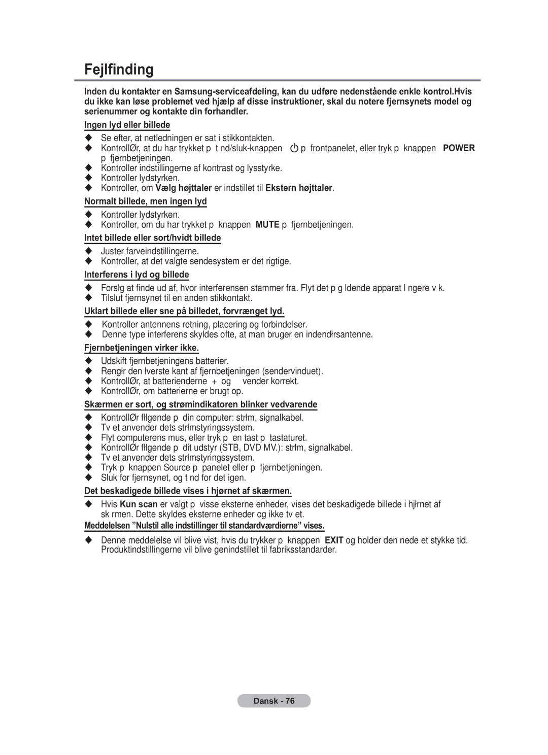 Samsung BN68-01783B-00 user manual Fejlfinding 