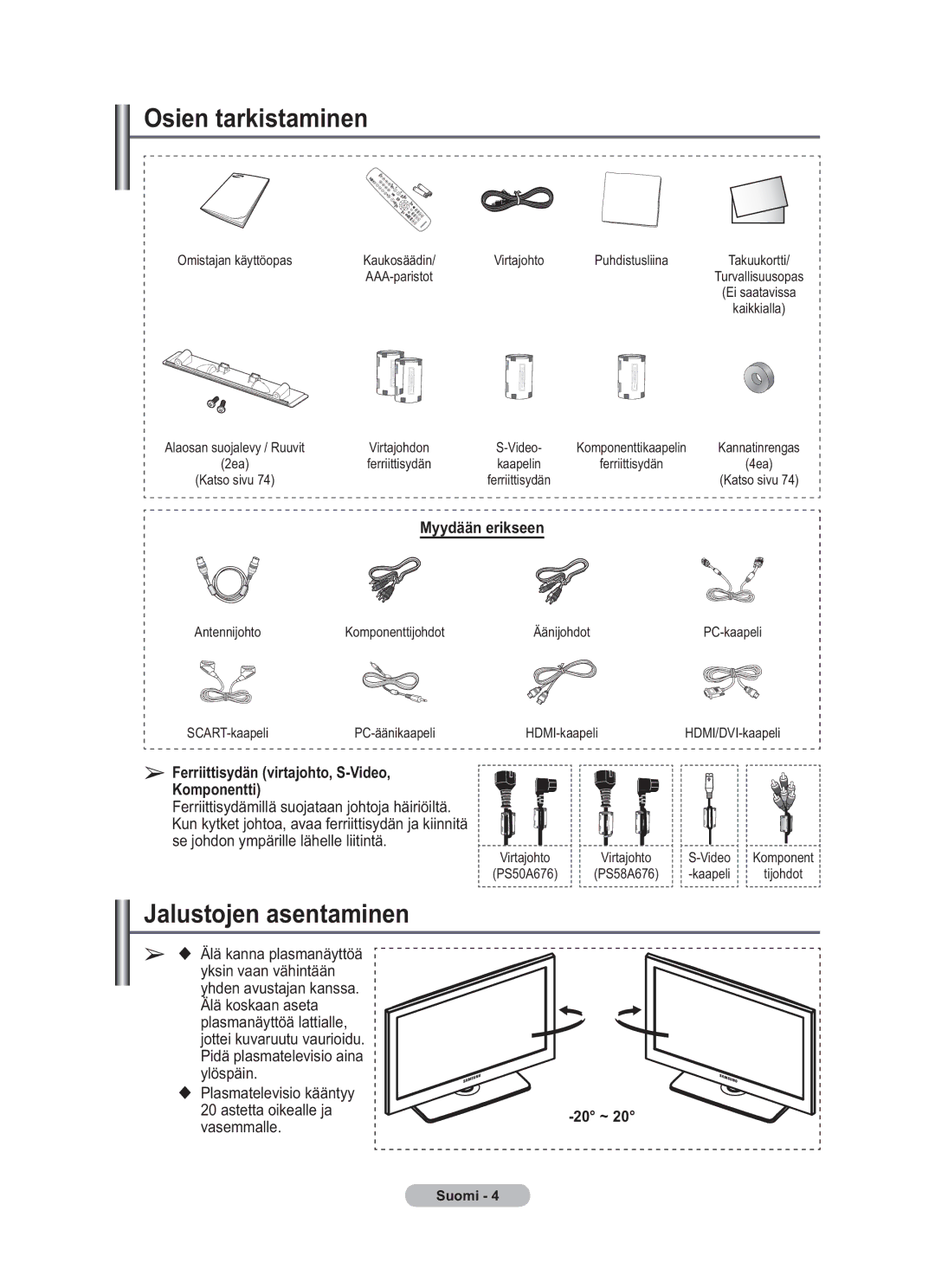 Samsung BN68-01783B-00 user manual Osien tarkistaminen, Jalustojen asentaminen, Myydään erikseen 