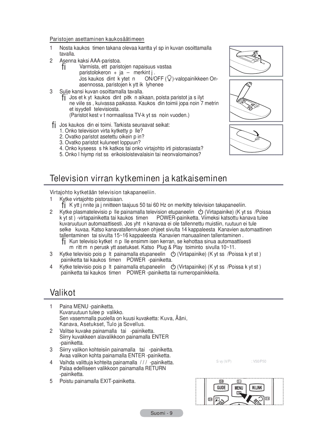 Samsung BN68-01783B-00 Television virran kytkeminen ja katkaiseminen, Valikot, Paristojen asettaminen kaukosäätimeen 