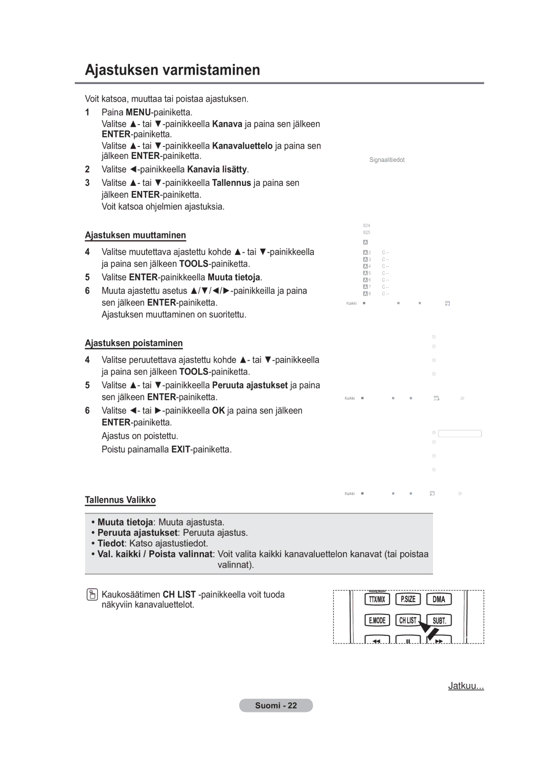 Samsung BN68-01783B-00 Ajastuksen varmistaminen, Ajastuksen muuttaminen, Ajastuksen poistaminen, Tallennus Valikko 