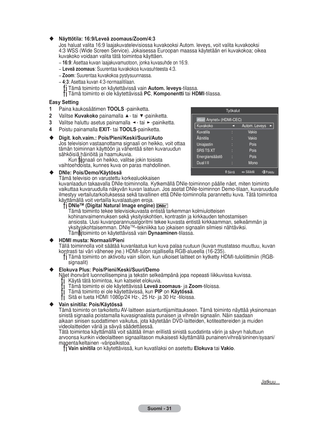 Samsung BN68-01783B-00 user manual Näyttötila 169/Leveä zoomaus/Zoom/43, Digit. koh.vaim. Pois/Pieni/Keski/Suuri/Auto 