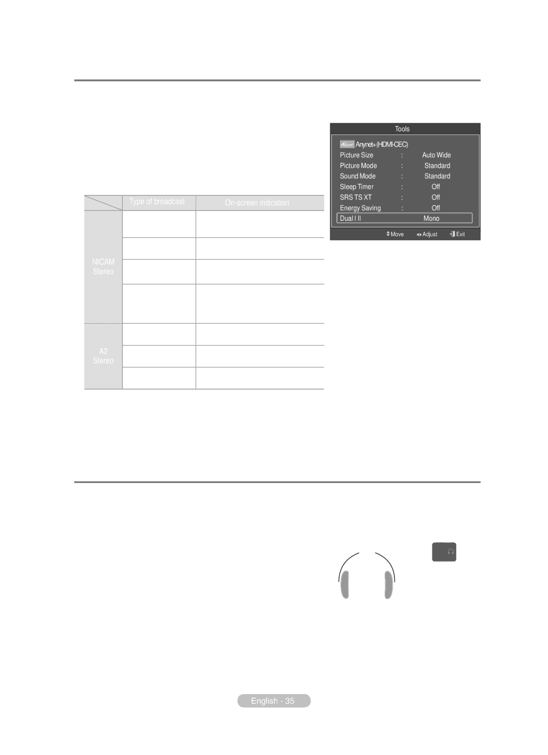 Samsung BN68-01783B-00 user manual Selecting the Sound Mode depending on the model, Connecting Headphones Sold separately 