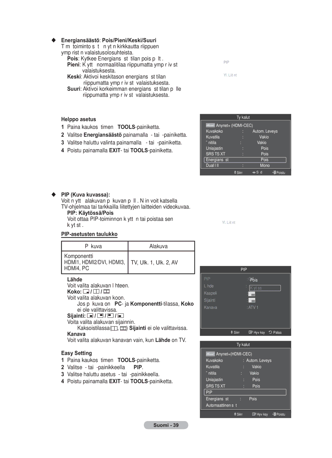 Samsung BN68-01783B-00 user manual PIP Kuva kuvassa, PIP Käytössä/Pois, PIP-asetusten taulukko, Lähde, Koko, Kanava 