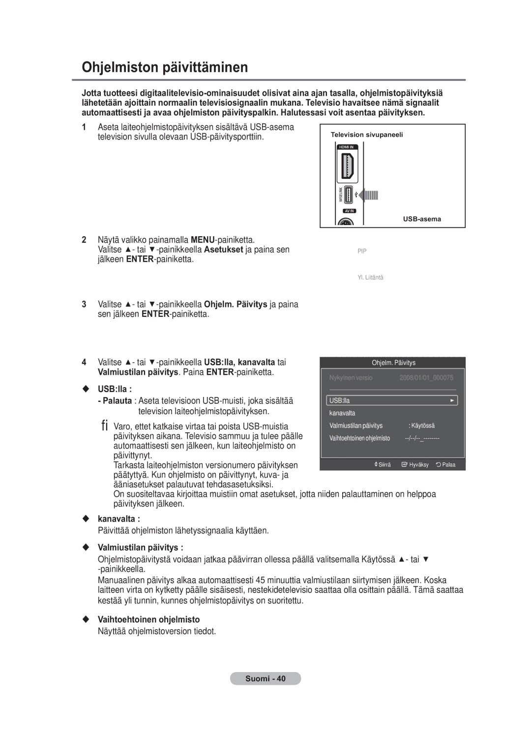 Samsung BN68-01783B-00 user manual Ohjelmiston päivittäminen 