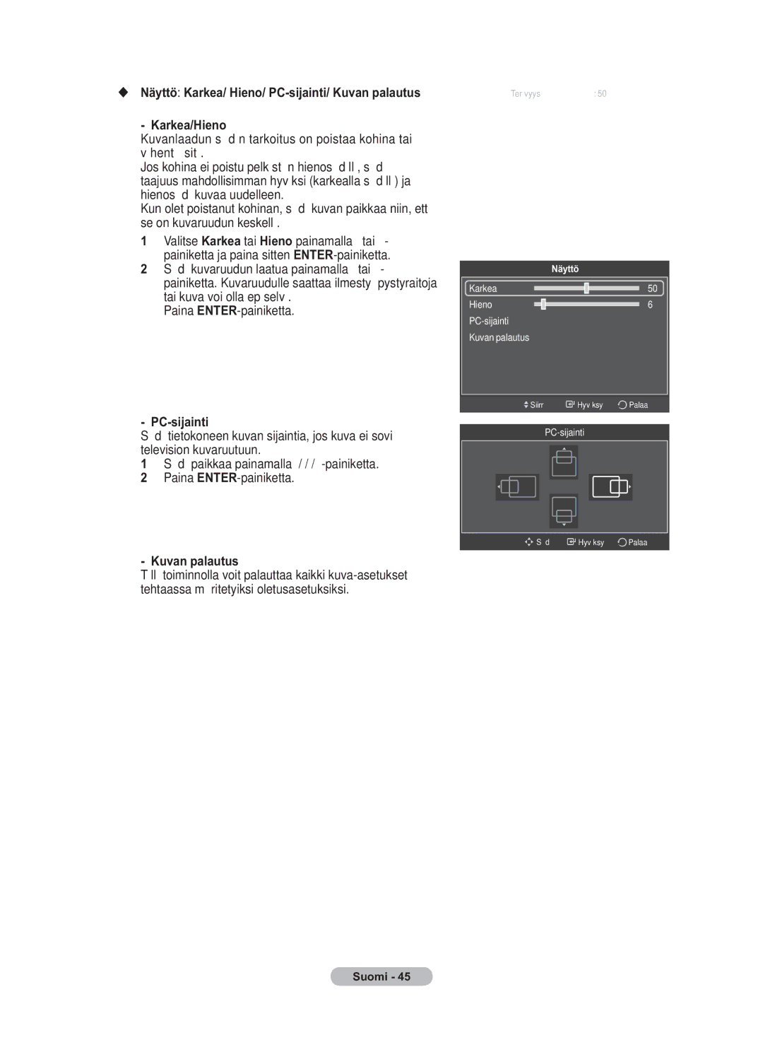 Samsung BN68-01783B-00 user manual PC-sijainti, Kuvan palautus, Näyttö 