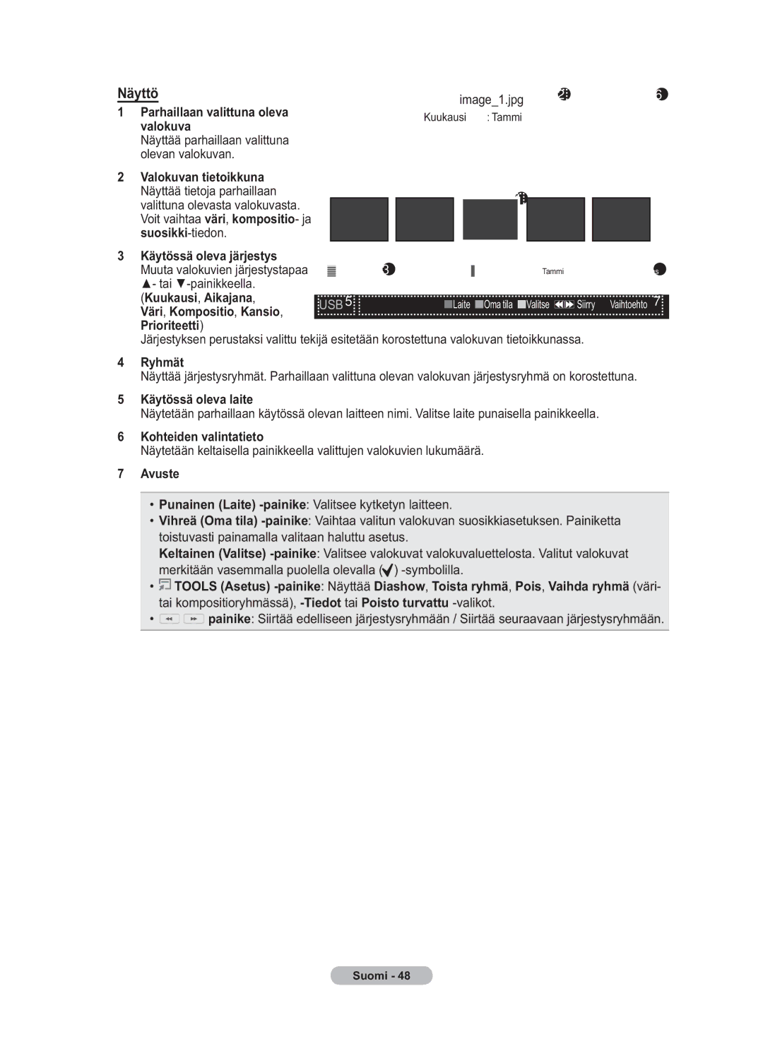 Samsung BN68-01783B-00 Parhaillaan valittuna oleva valokuva, Käytössä oleva järjestys, Kuukausi, Aikajana, Ryhmät, Avuste 