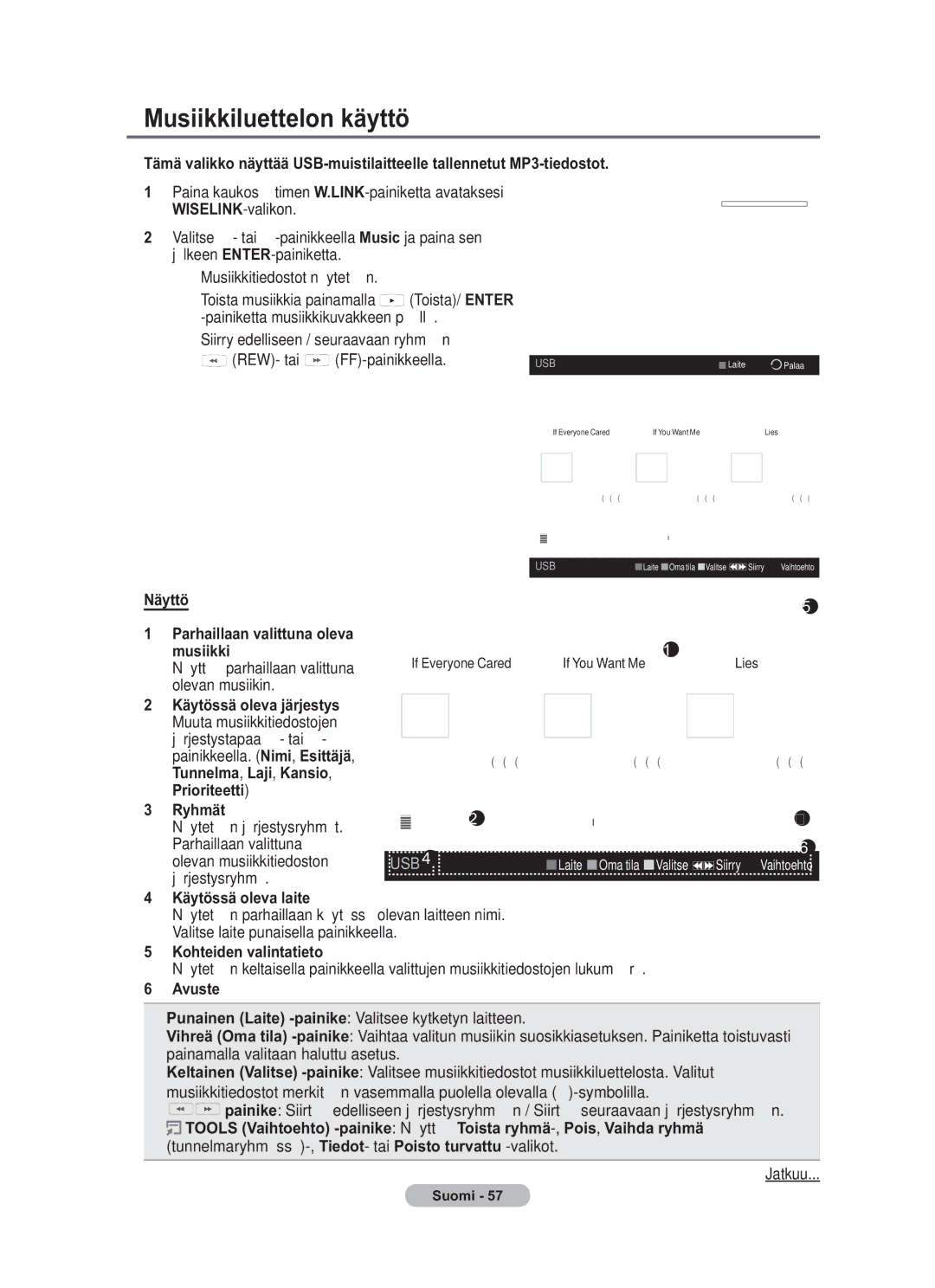 Samsung BN68-01783B-00 user manual Musiikkiluettelon käyttö, Siirry edelliseen / seuraavaan ryhmään 