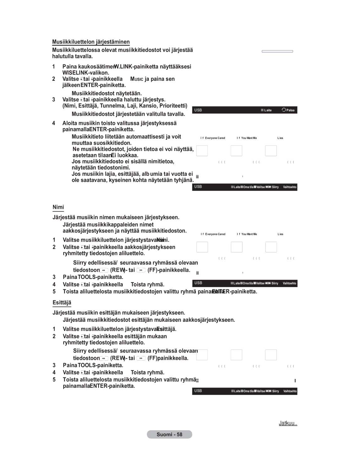 Samsung BN68-01783B-00 user manual Musiikkiluettelon järjestäminen, Nimi, Esittäjä 