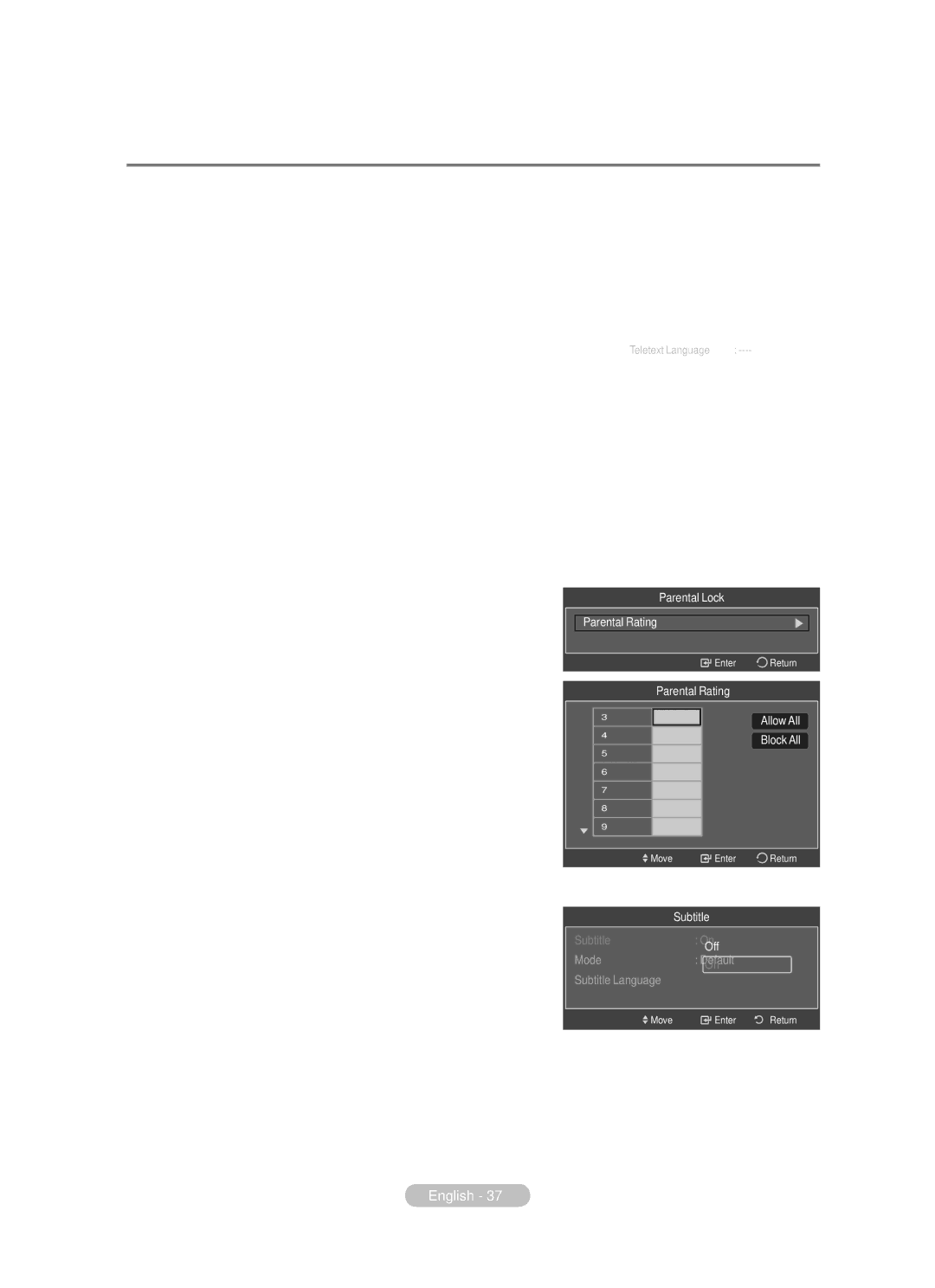 Samsung BN68-01783B-00 Language, Change PIN, ¯ The Enter New PIN and Confirm New PIN is displayed, Parental Lock 