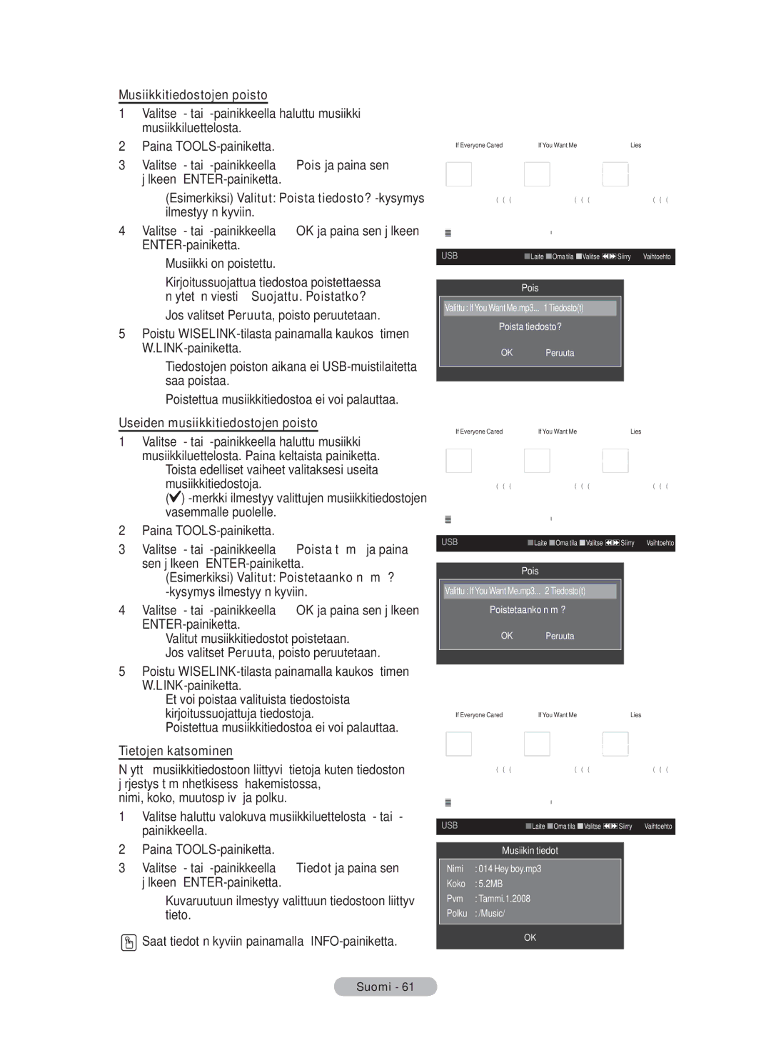 Samsung BN68-01783B-00 user manual Musiikkitiedostojen poisto, Useiden musiikkitiedostojen poisto, Tietojen katsominen 