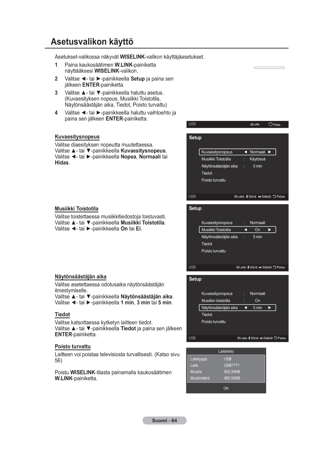 Samsung BN68-01783B-00 user manual Asetusvalikon käyttö, Hidas, Musiikki Toistotila, Näytönsäästäjän aika 