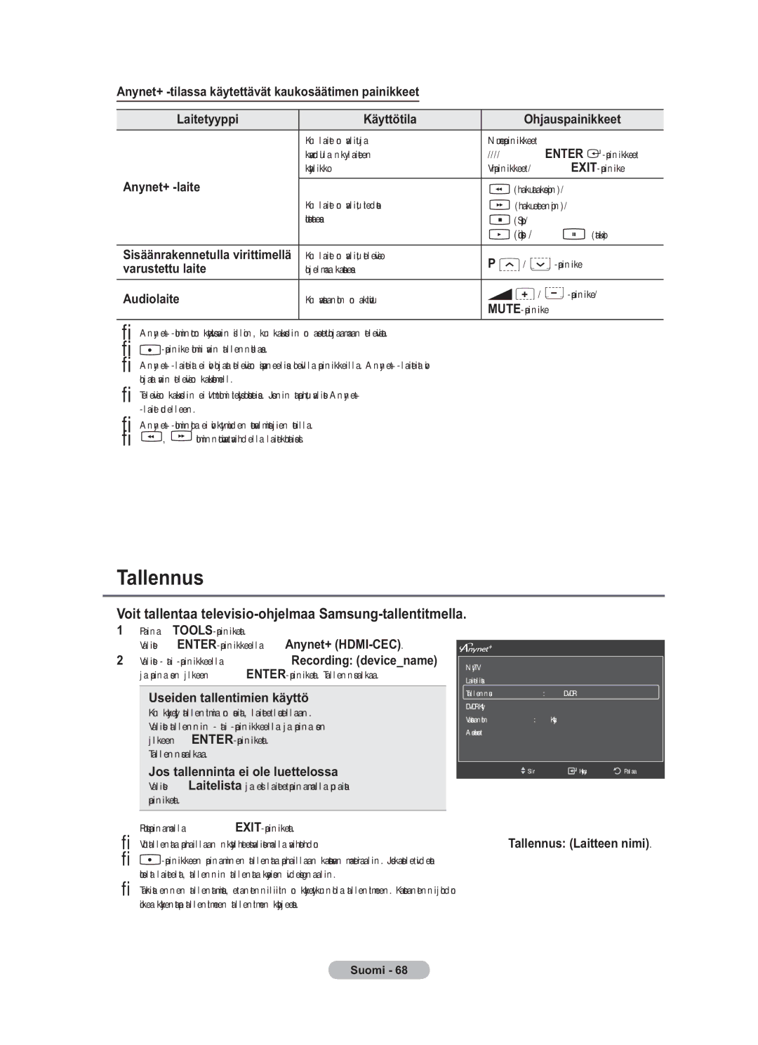 Samsung BN68-01783B-00 user manual Tallennus 