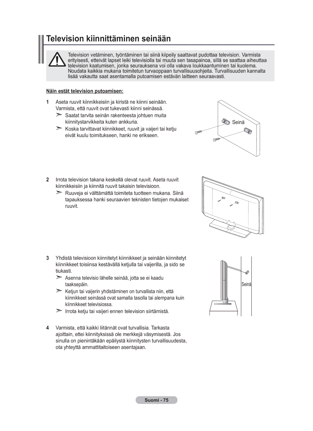 Samsung BN68-01783B-00 user manual Television kiinnittäminen seinään, Näin estät television putoamisen, Seinä 