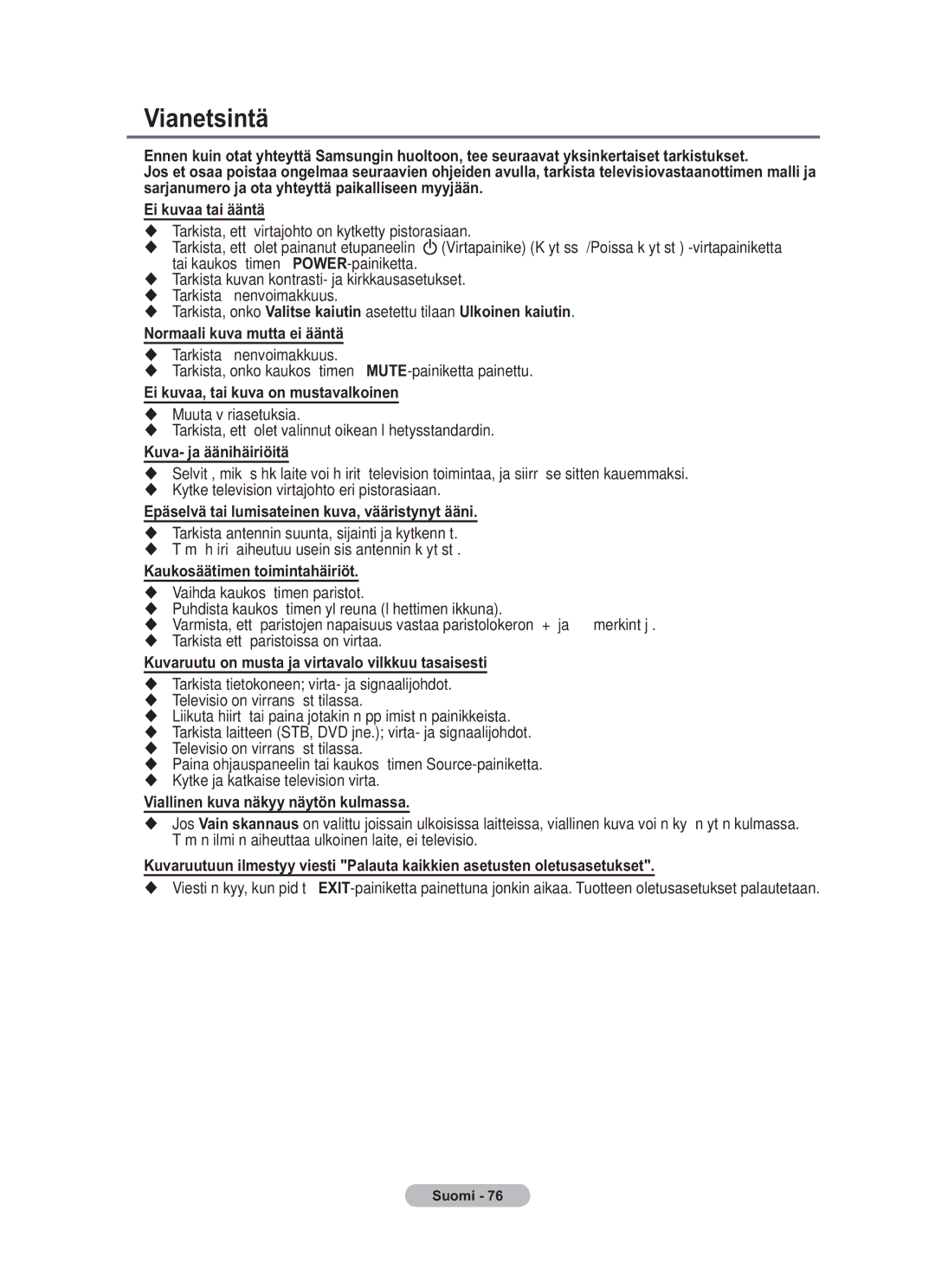 Samsung BN68-01783B-00 user manual Vianetsintä 