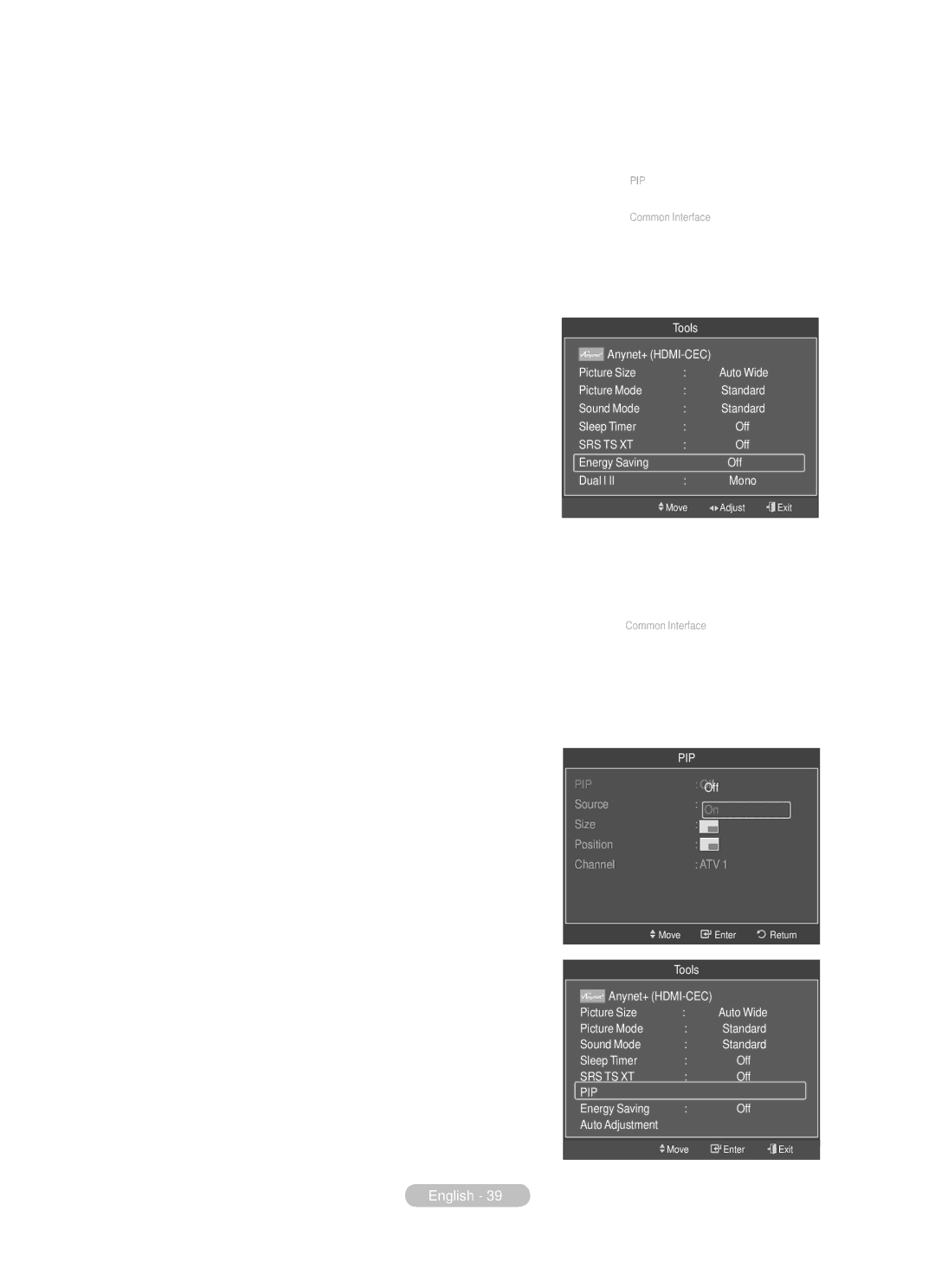 Samsung BN68-01783B-00 Energy Saving Off/Low/Medium/High, PIP Picture in Picture, PIP On/Off, Table of PIP Settings, Size 