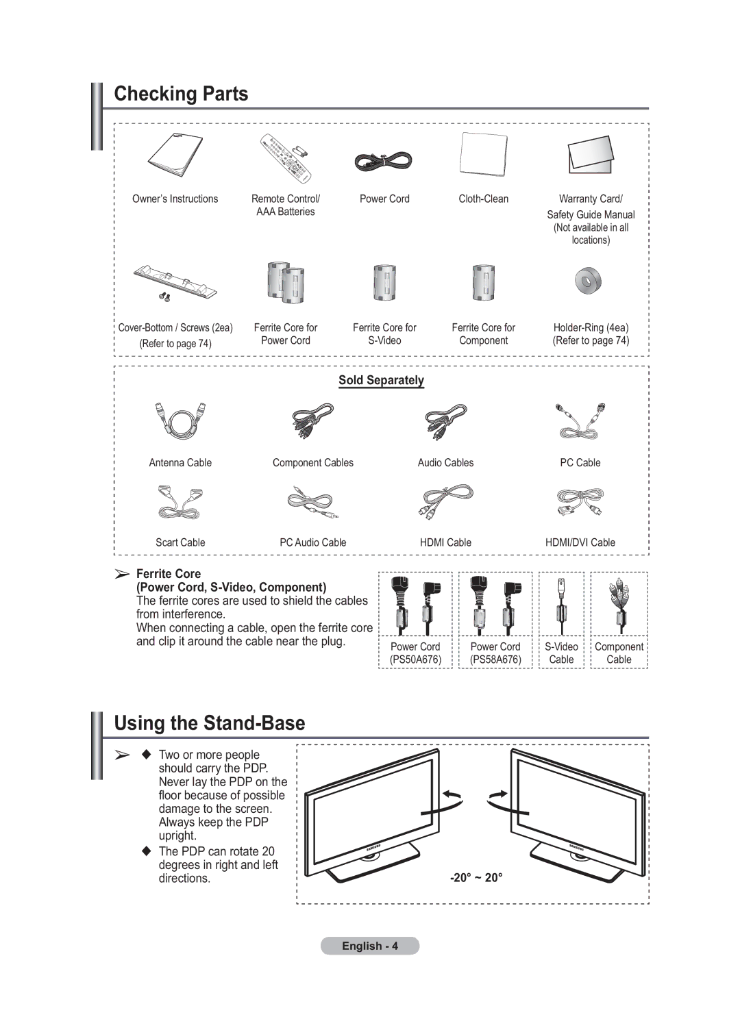 Samsung BN68-01783B-00 user manual Checking Parts, Using the Stand-Base, Sold Separately, 20 ~ 