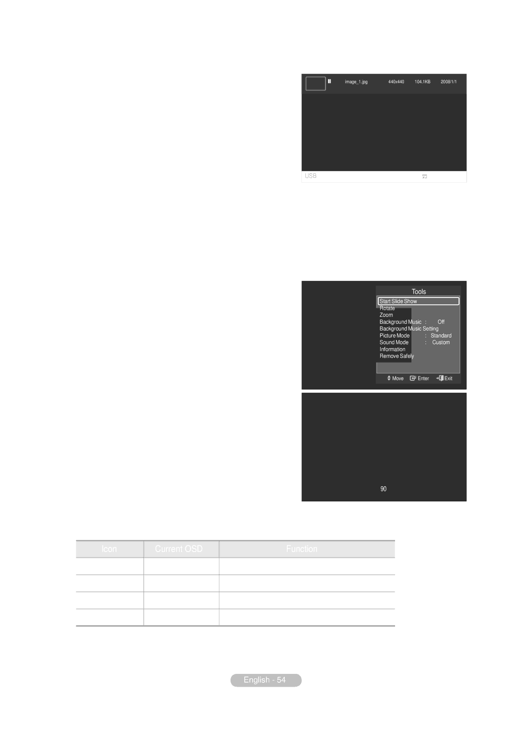 Samsung BN68-01783B-00 user manual Viewing a photo, Start Slide Show Stop Slide Show, Rotate, Icon Current OSD Function 