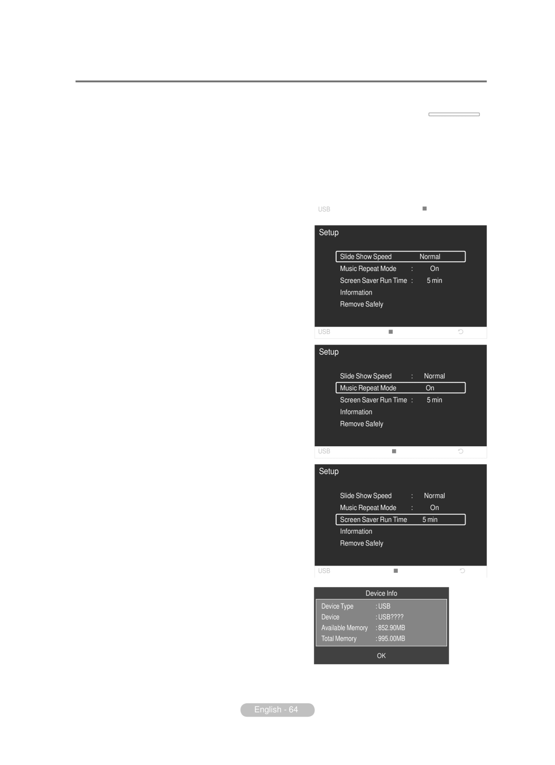 Samsung BN68-01783B-00 user manual Using the Setup Menu, Slow Music Repeat Mode, Screen Saver Run Time, Min Information 