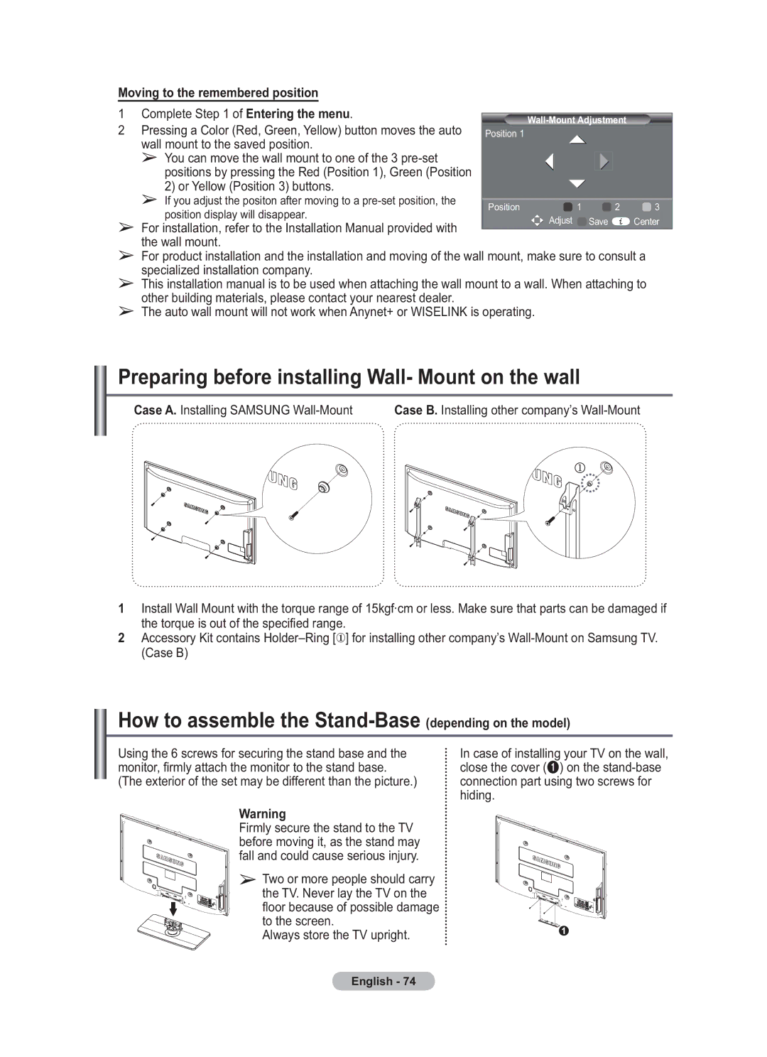 Samsung BN68-01783B-00 user manual Preparing before installing Wall- Mount on the wall, Moving to the remembered position 