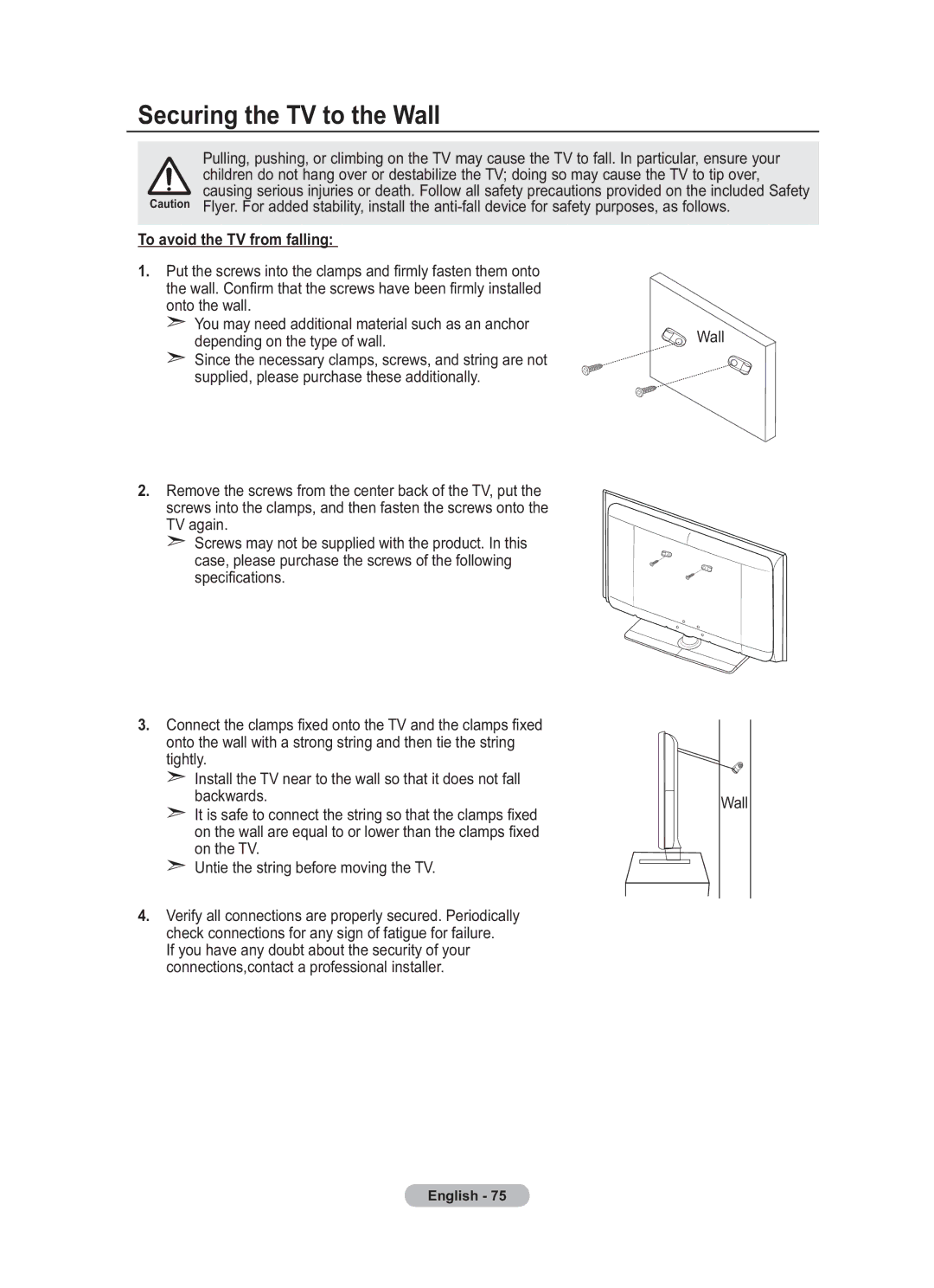 Samsung BN68-01783B-00 user manual Securing the TV to the Wall, To avoid the TV from falling 