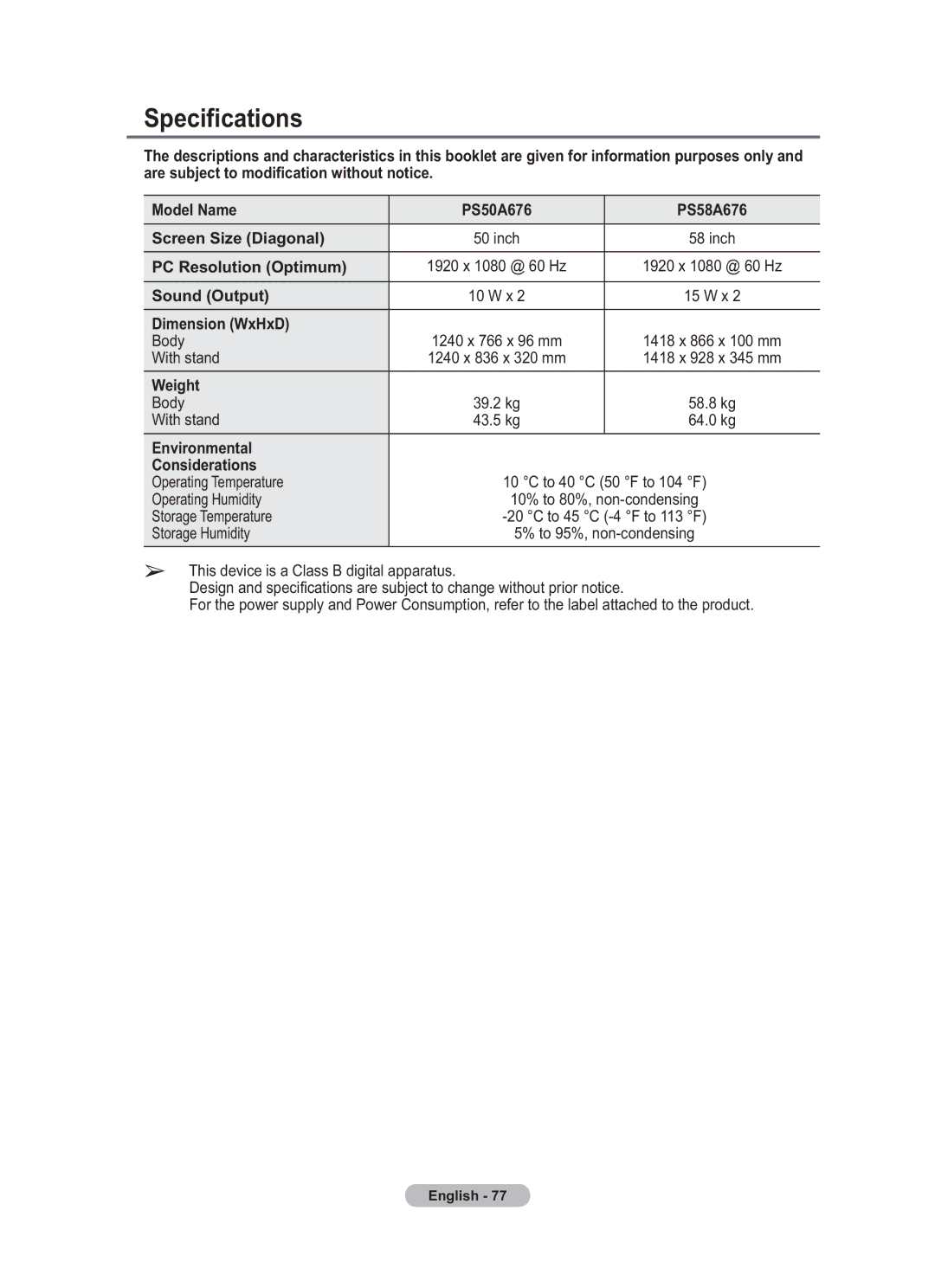 Samsung BN68-01783B-00 user manual Specifications 