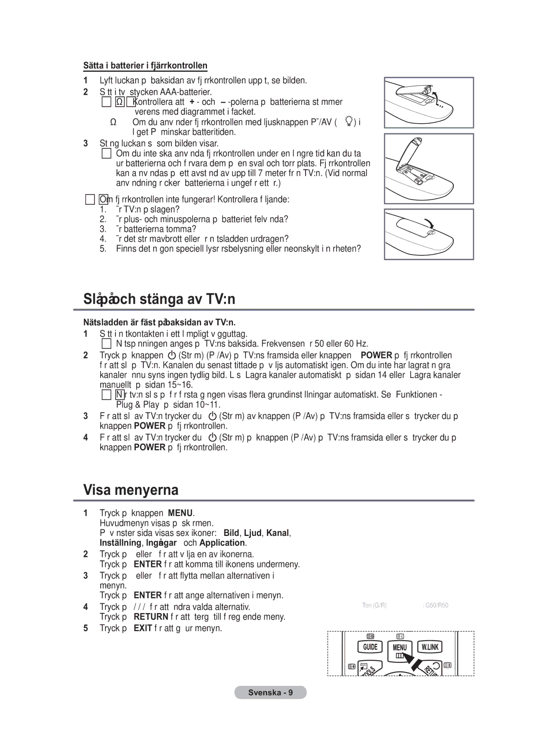 Samsung BN68-01783B-00 user manual Slå på och stänga av TVn, Visa menyerna, Sätta i batterier i fjärrkontrollen 