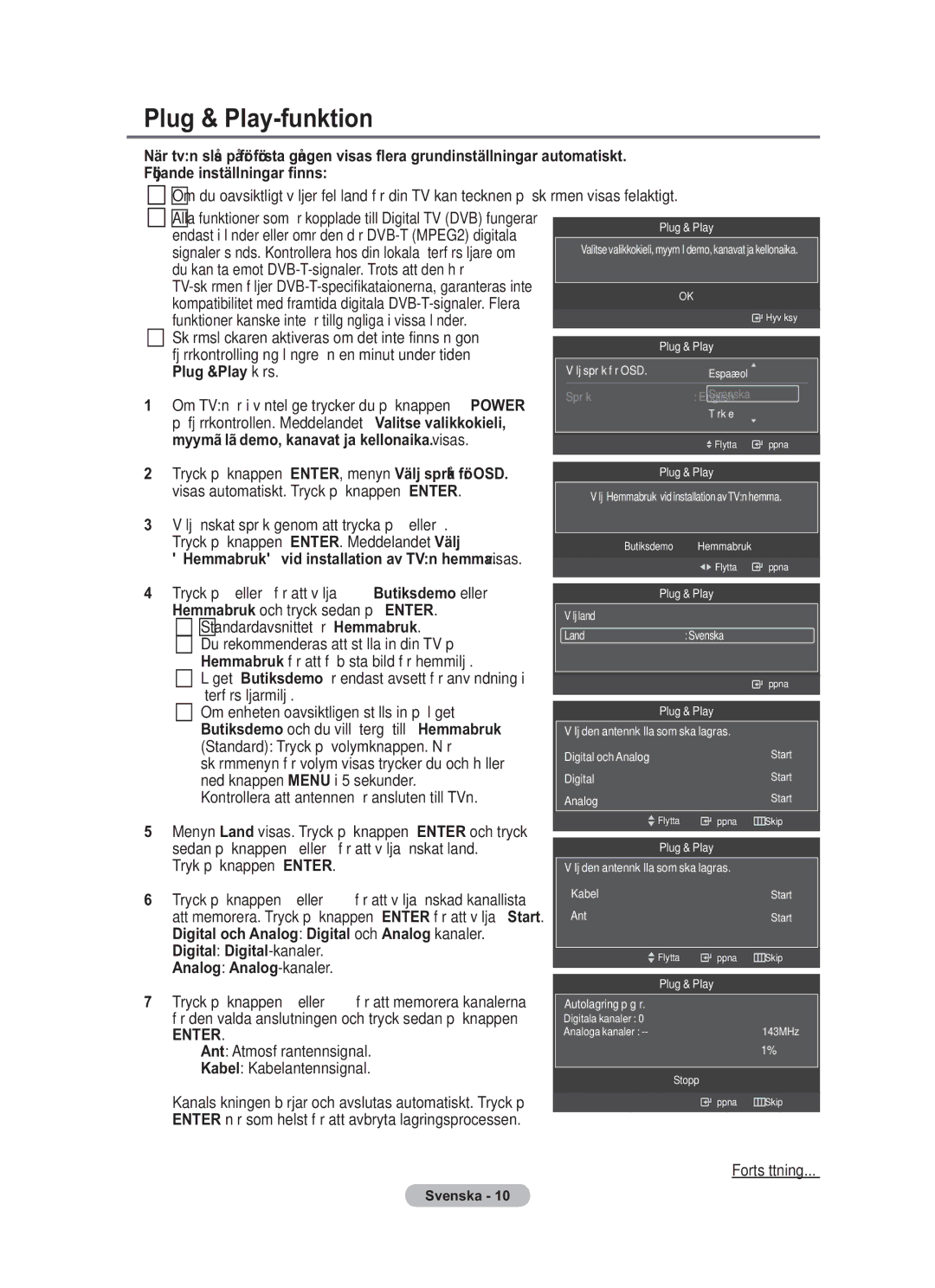 Samsung BN68-01783B-00 user manual Plug & Play-funktion, Digital Digital-kanaler Analog Analog-kanaler 