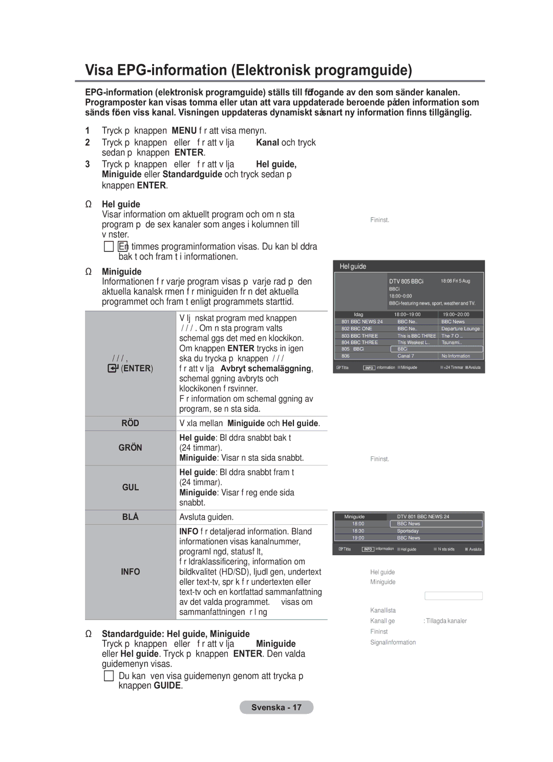 Samsung BN68-01783B-00 user manual Visa EPG-information Elektronisk programguide, Hel guide, Miniguide 