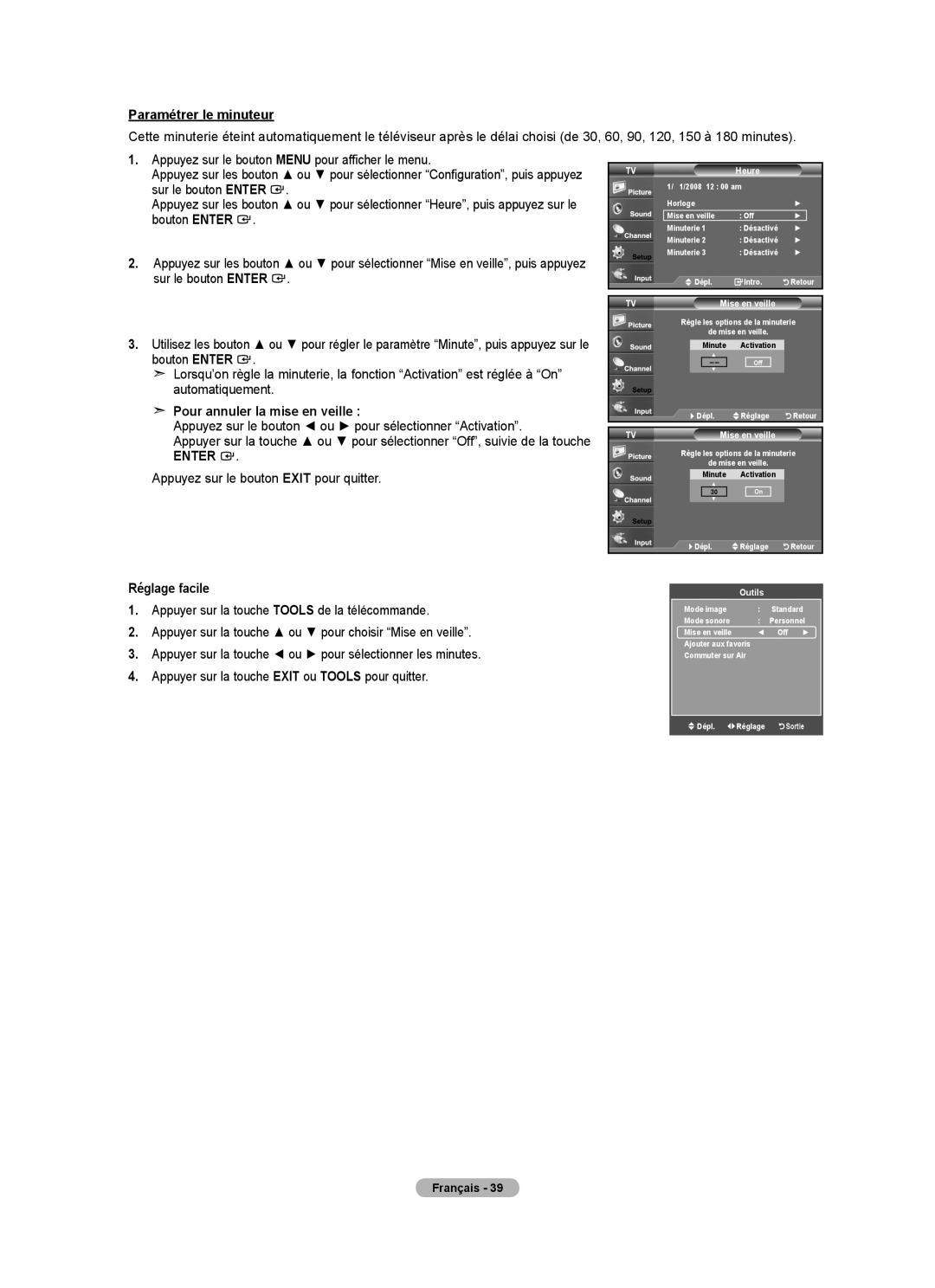 Samsung BN68-01797A-00 user manual Paramétrer le minuteur, Pour annuler la mise en veille, Mise en veille 