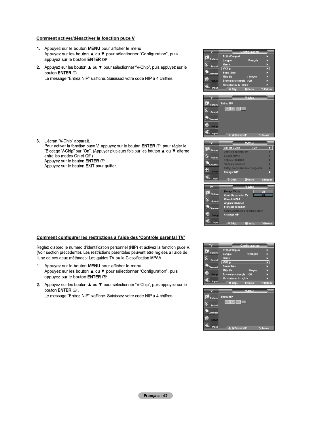 Samsung BN68-01797A-00 user manual Comment activer/désactiver la fonction puce, Blocage V-Chip Off 