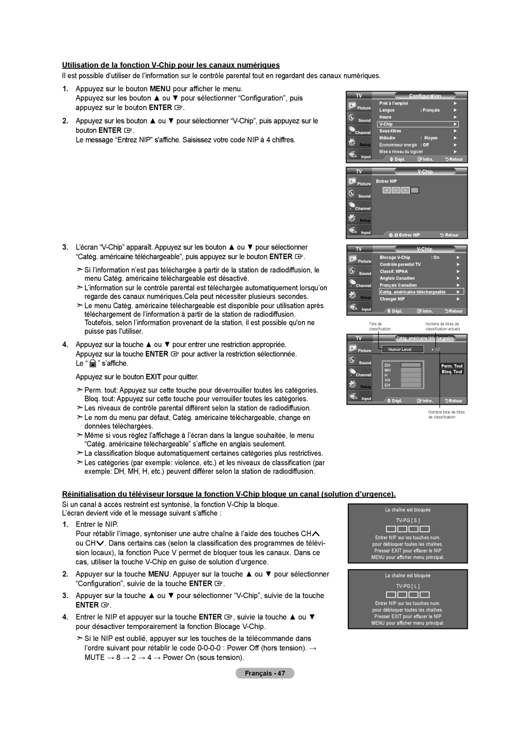 Samsung BN68-01797A-00 user manual Utilisation de la fonction V-Chip pour les canaux numériques 