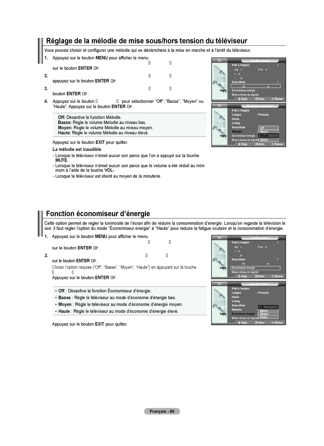 Samsung BN68-01797A-00 user manual Fonction économiseur d’énergie, La mélodie est inaudible 