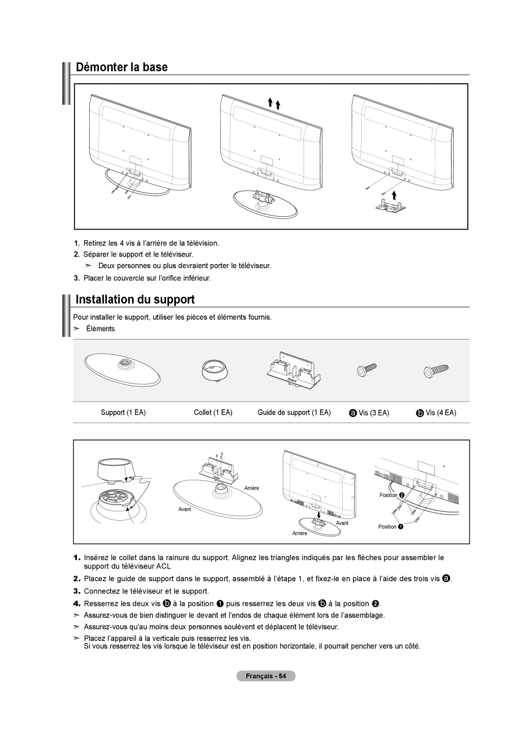 Samsung BN68-01797A-00 user manual Démonter la base, Installation du support 