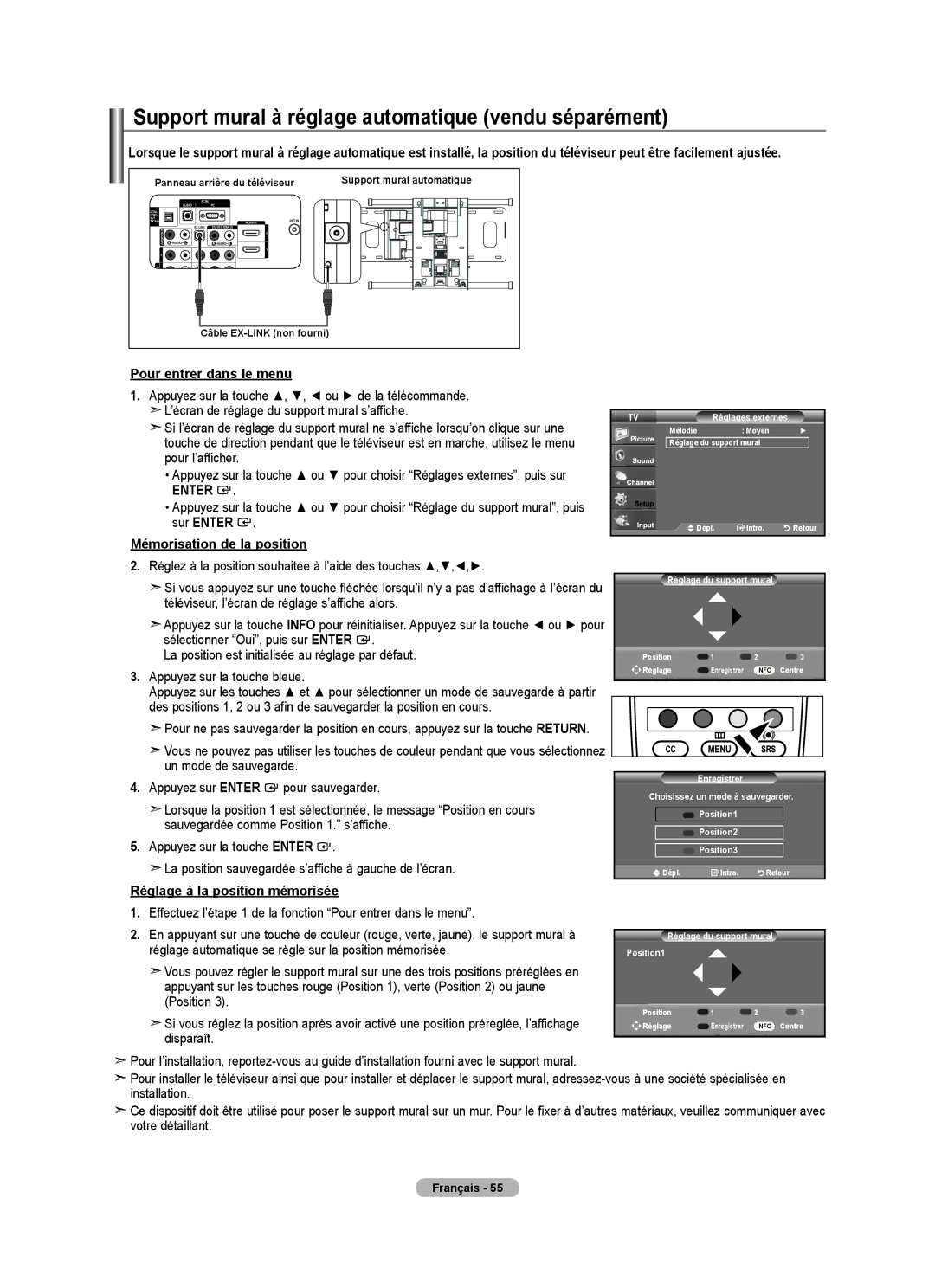 Samsung BN68-01797A-00 user manual Support mural à réglage automatique vendu séparément, Pour entrer dans le menu 