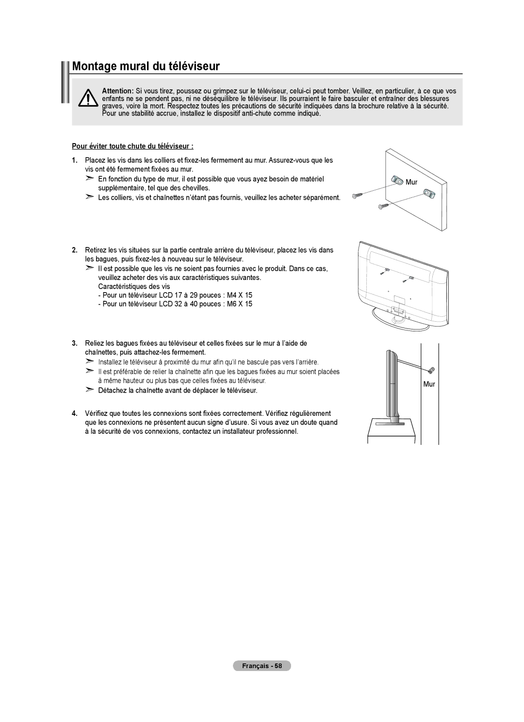 Samsung BN68-01797A-00 user manual Montage mural du téléviseur, Pour éviter toute chute du téléviseur, Mur 